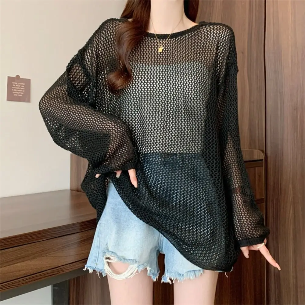 Stilvolle lässige gestrickte hohle Pullover lose Rundhals Langarm T-Shirt Beachwear Streifen häkeln Top Frauen Strand