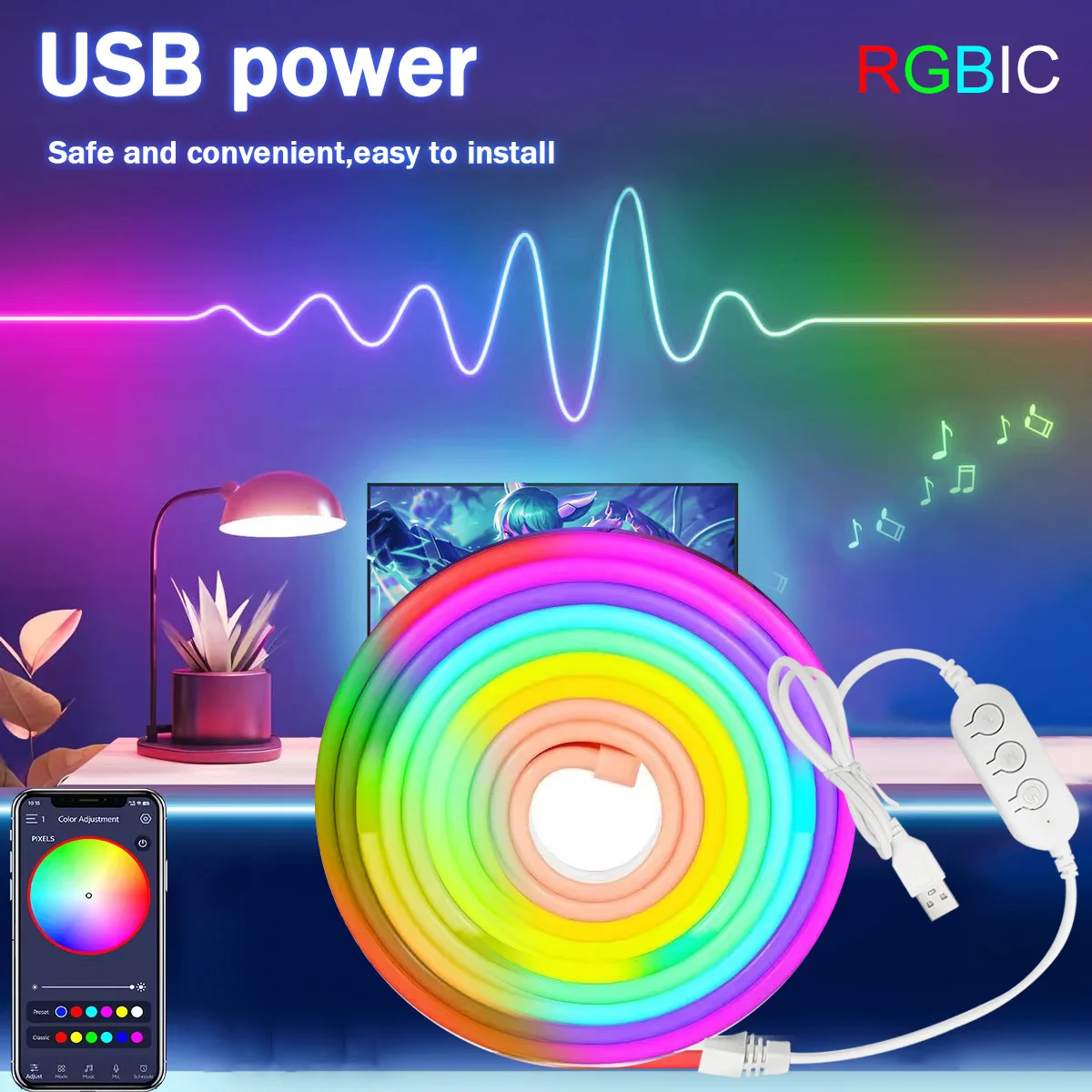 Bluetooth Neon LED Strip Lights 5V Waterproof RGBIC Neon Rope Lights with Music Sync Dreamcolor Chasing Strip Tape for Room