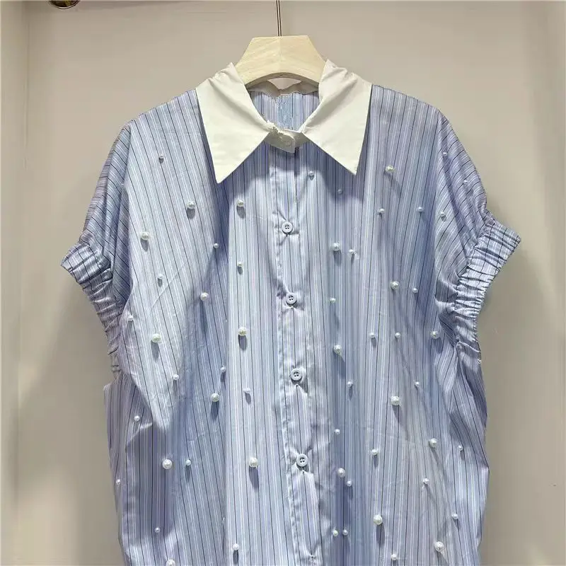 

New Pears Beads Stitch Cotton Blouses Stripe Loose Casual Shirts Women 2025 Summer Trend Short Sleeve Oversized Top Blusas