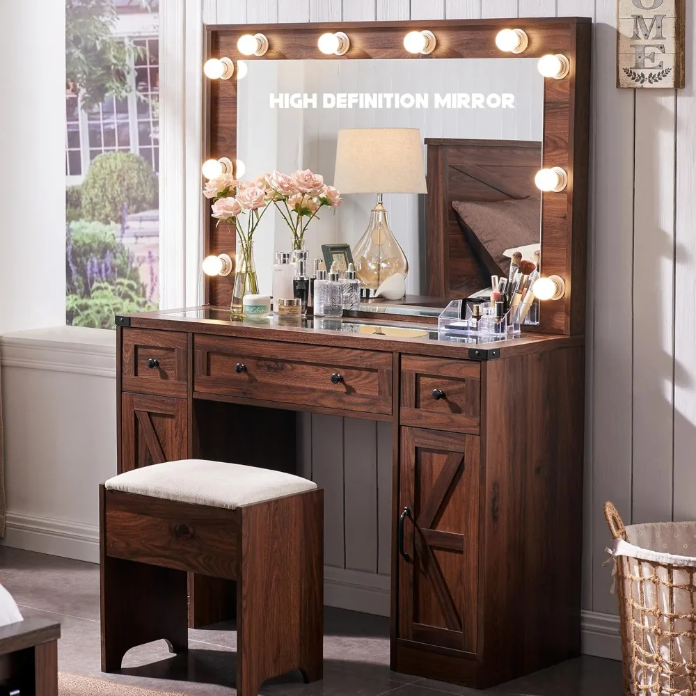 

Farmhouse Makeup Vanity Desk with Mirror and Lights,with 3 Drawers & Shelves, 43'' Glass Tabletop Vanity Table