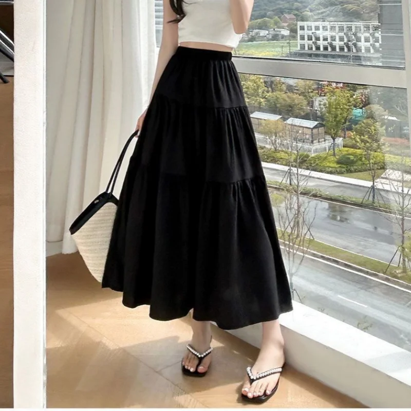 أنيقة الصلبة ألف خط كعكة التنانير الطويلة أزياء المرأة خمر عالية الخصر مطاطا الربيع فساتين مكتب سيدة تخفيف تنورة أنيقة