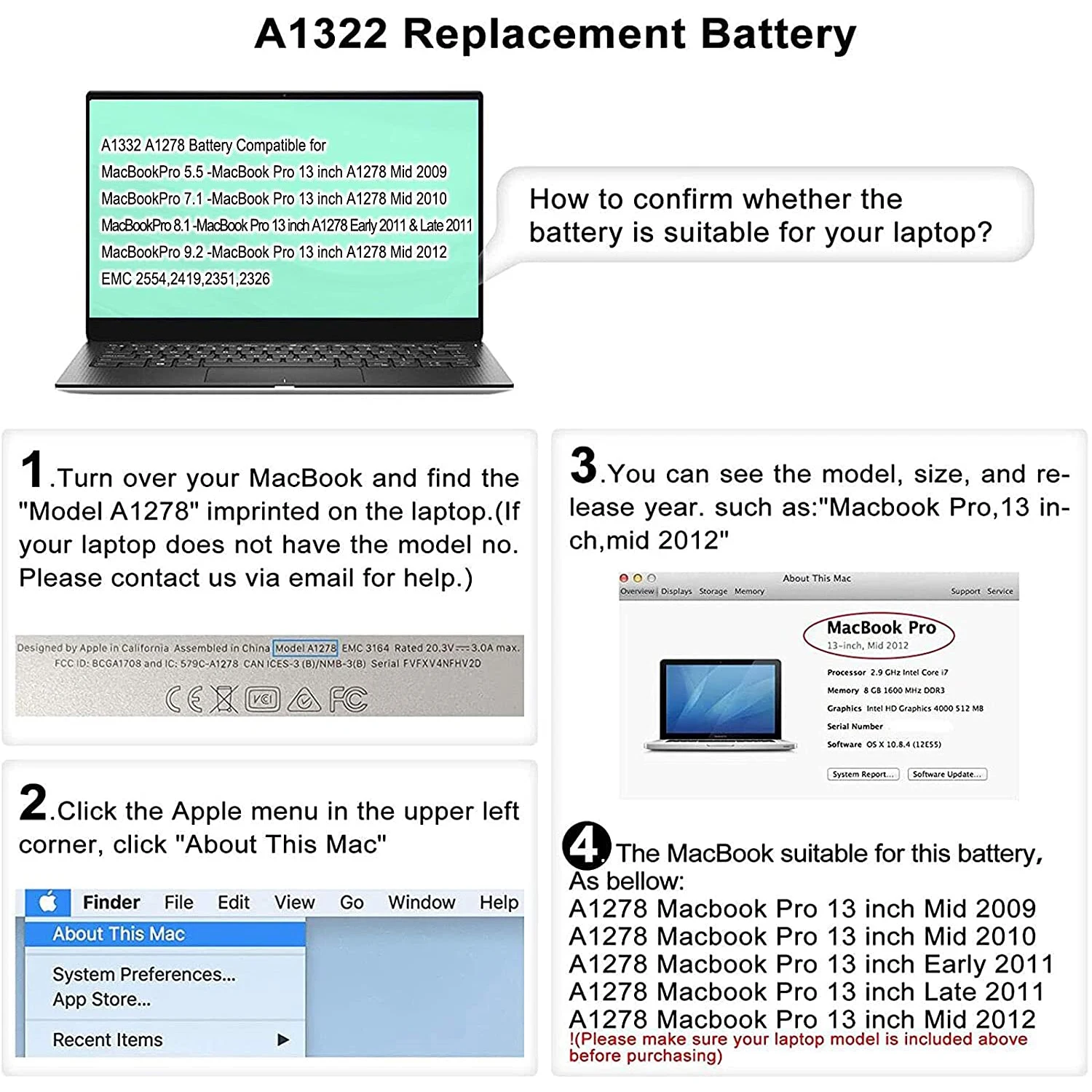 A1322 A1278 batteria Macbook per Apple Macbook Pro 13 pollici A1278 metà 2012 2010 2009 inizio 2011, cacciaviti 2 pezzi gratuiti