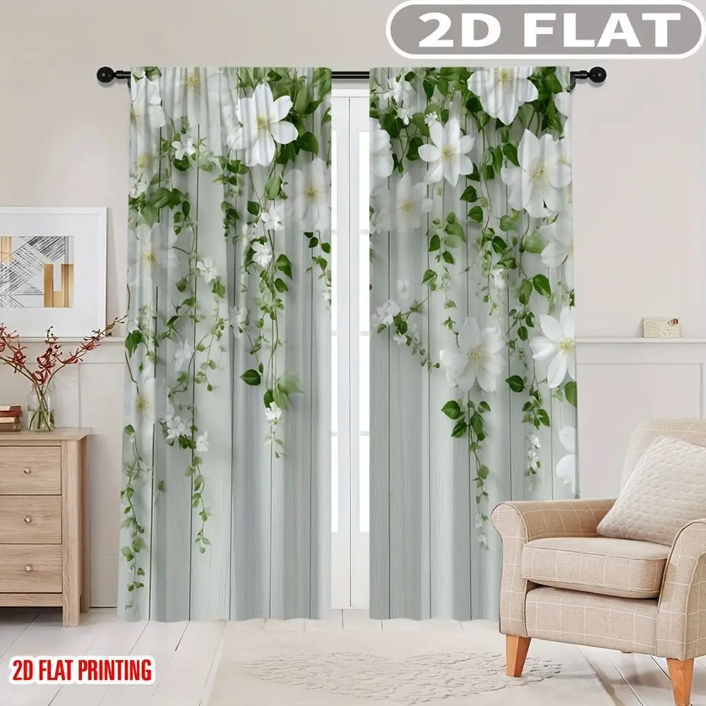 

2pcs Curtains White Flowers Green Leaves Pattern for Balcony, Bedroom, Study, Living Room, for Spring & Summer Machine Washable