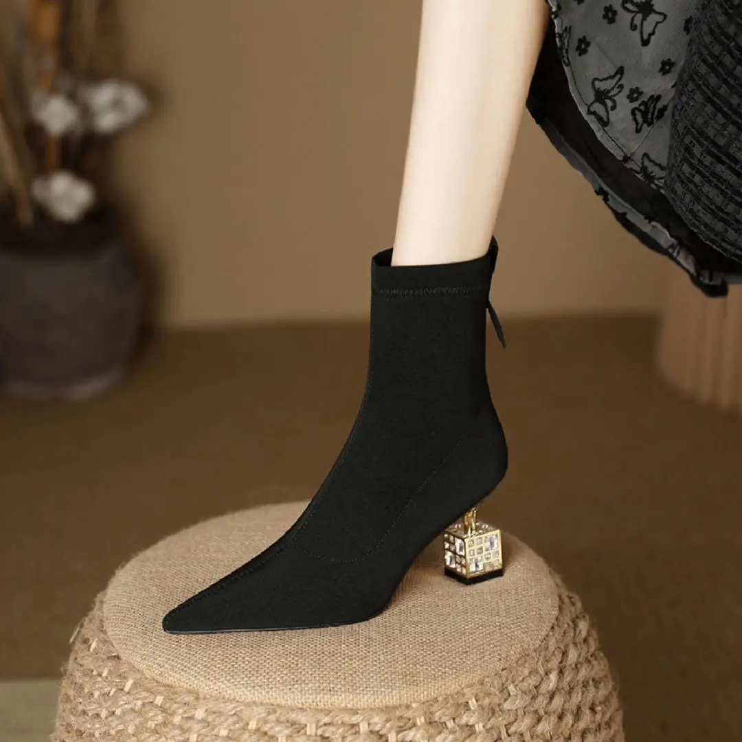 Rhinestone Heels Socks Boots Women Stretch Fabric Elastic High Heel Pointed Toe Ankle Boots Shoes Woman Botas Feminina