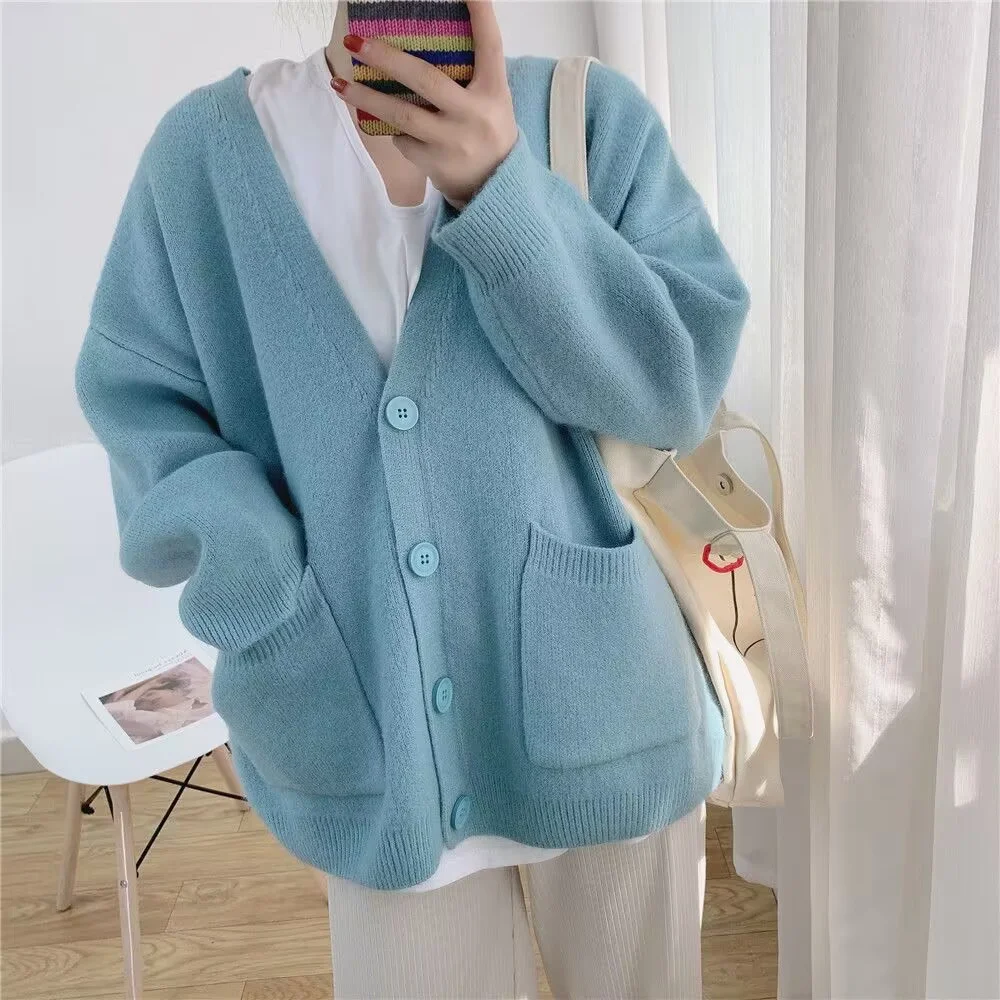 

Cardigan Korean Fashion Vintage Warm Oversized Coat Tops Winter Button Knitted Top for Women Purple V-neck Blue Ladies Sweaters