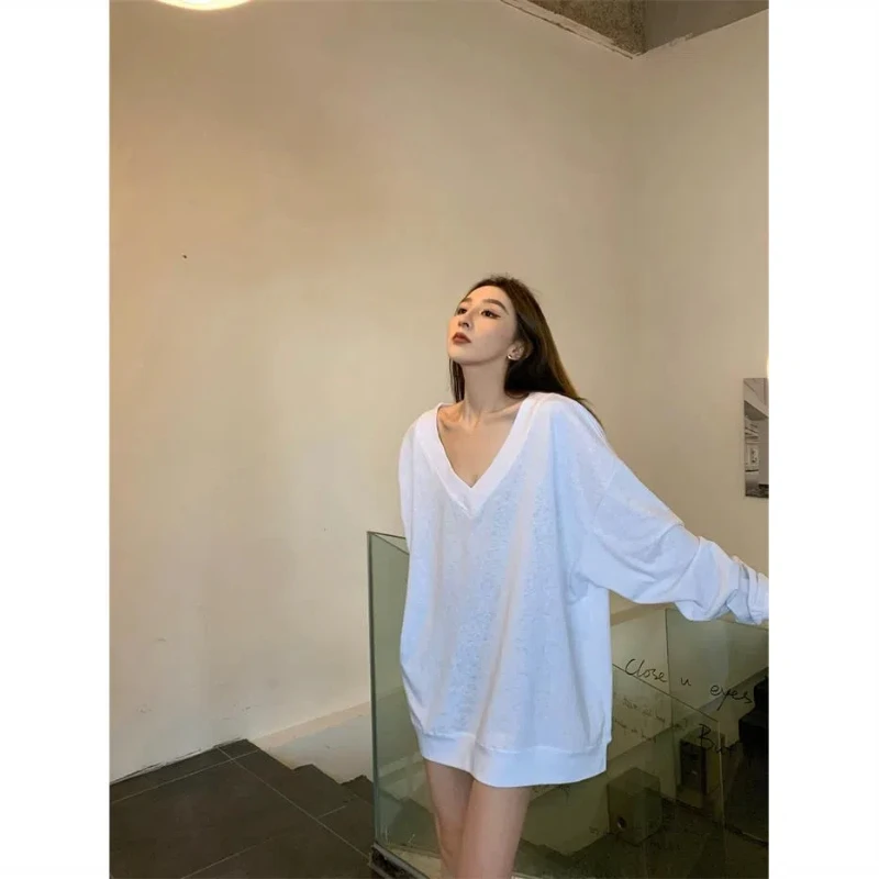 

White V-neck Long Sleeve Loose Lazy Style Korean Tops Summer New Simplicity Casual T Shirts Fashion High Street Women Clothing