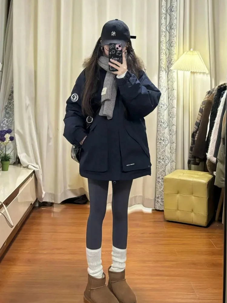 

Parkas Street Womens Winter Athleisure Ladies Youth Baggy Waisted Laced Seam Artificial Snap-Button Cotton-Padded Hiking Popular