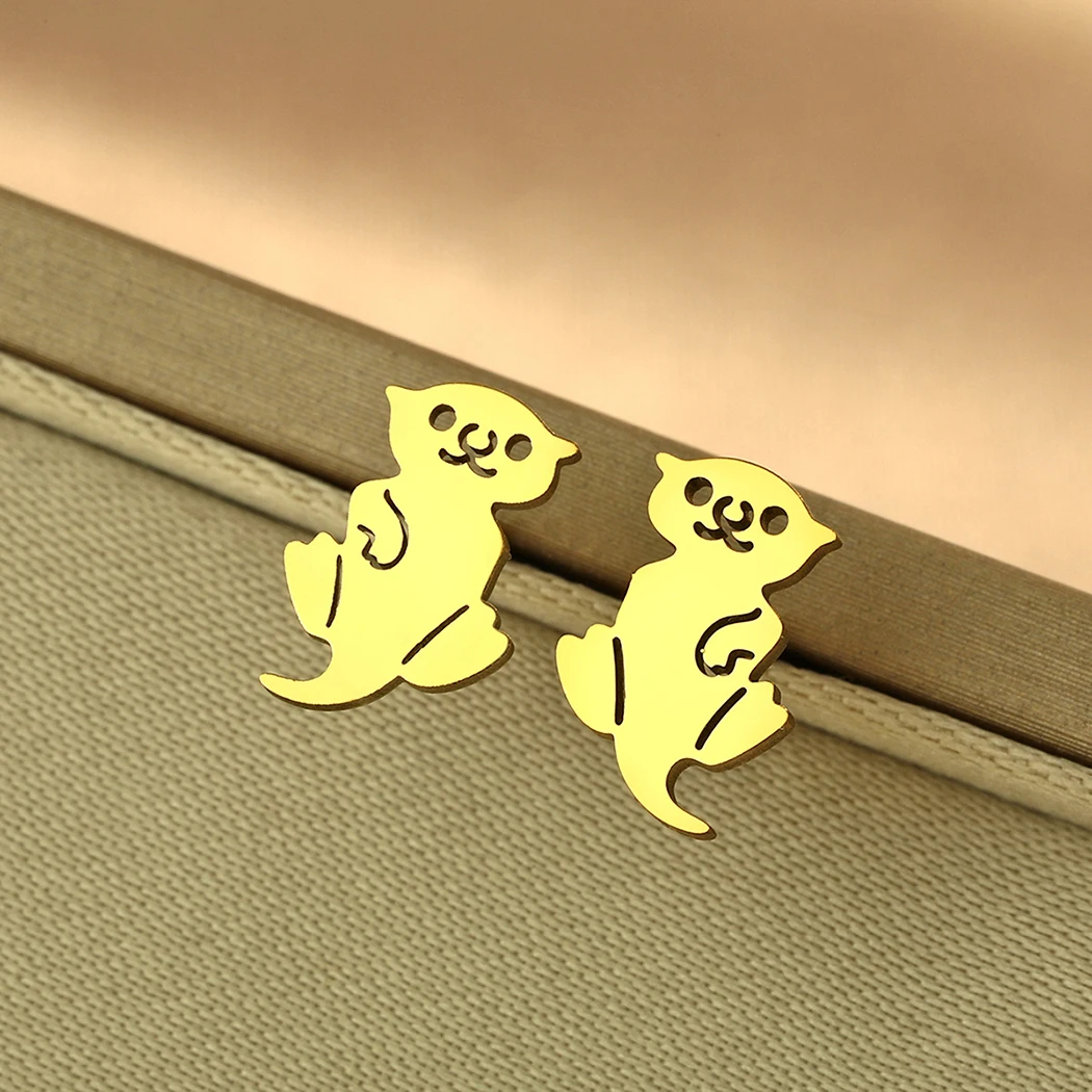 CHENGXUN Stainless Steel Tiny Otter Earrings Animal Studs Baby Sea Otter Studs Minimal Jewelry Kids Teen Gift Christmas Gift