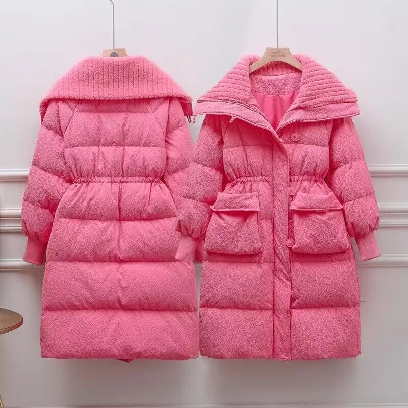 Large Lapel Down Cotton Padded Jacket For Women Medium Length Rose Pink Smallshaking Sound Korean Version Waist Closing Foreign