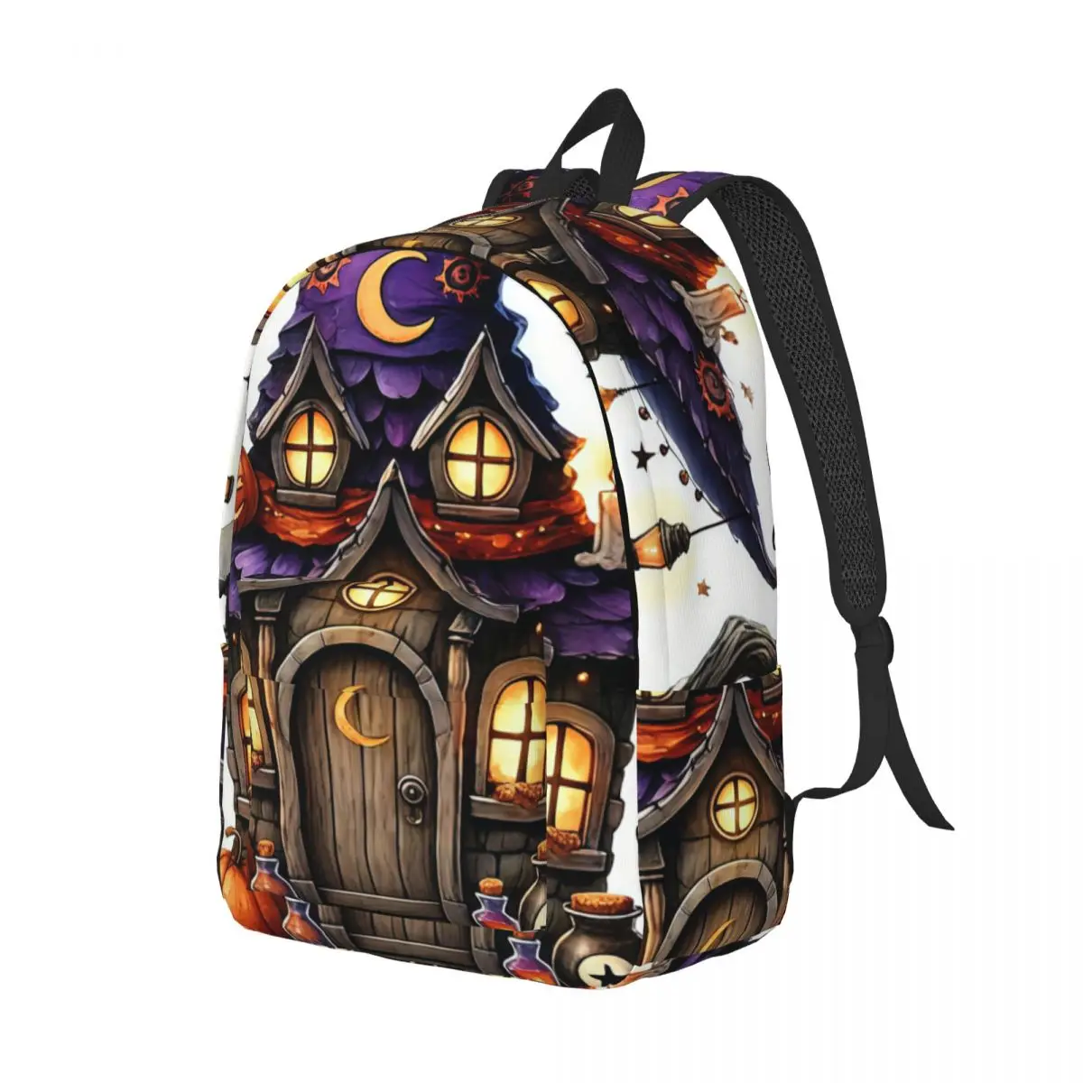 Aesthetic Animal Student Backpack Center Witch Hat House Pumpkin Cat Whimsical Halloween Illustration Purp Fun Bookbag for Girls