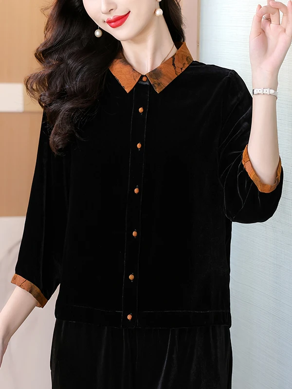 

Black Velvet Shirt Women's Fashionable Autumn Winter Mommy High End Belly Covering Top Standard Fit Commute Style Velvet Fabric