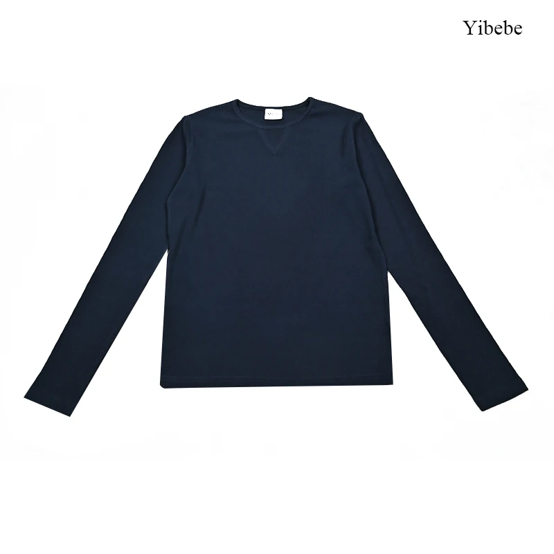 

Dark navy blue boy and girls casual school shirt long sleeves top round neck children clothes logo embroidery