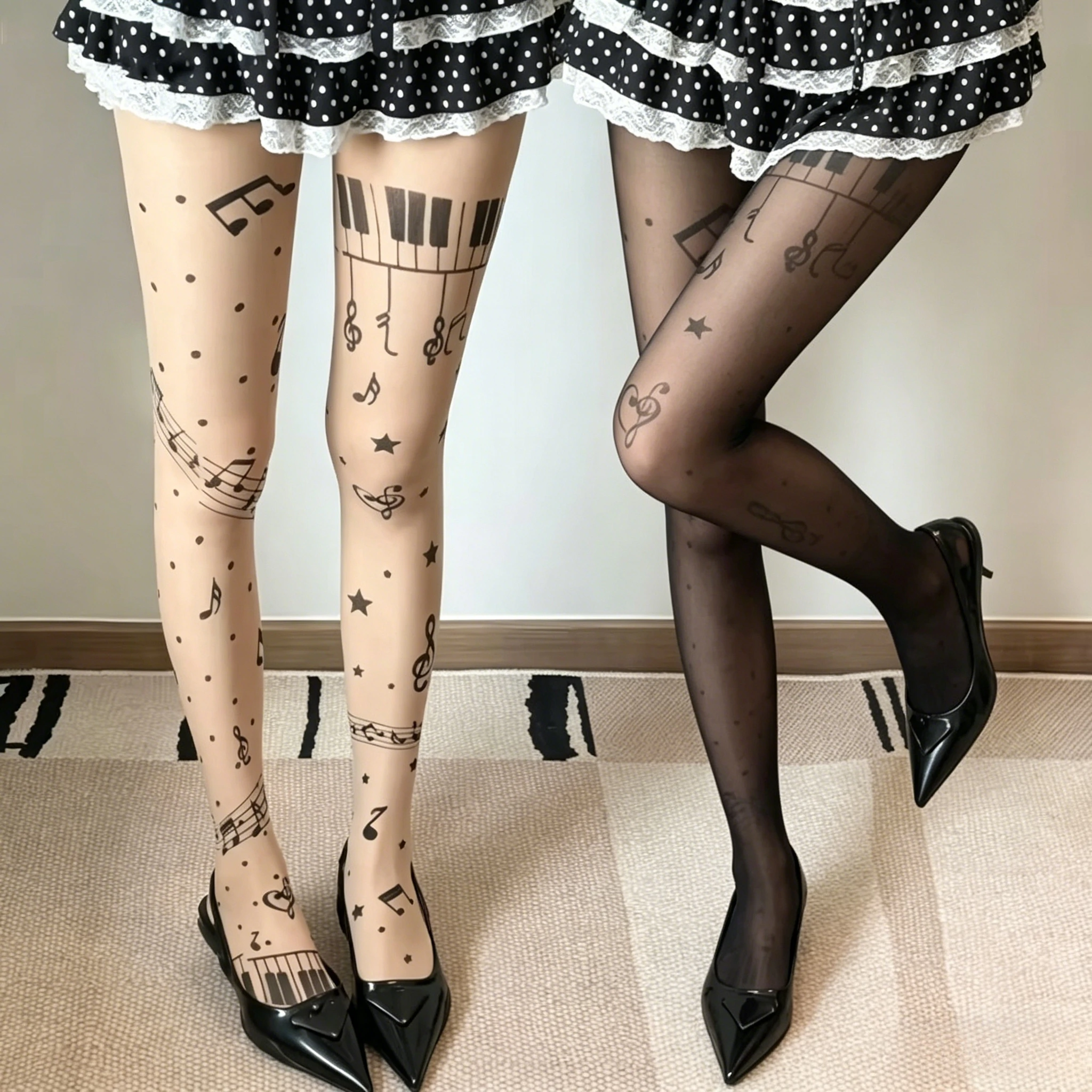 

Kave Y2K Music Note Patterned Piano Tights for Women Gothic Stockings Kwaii Lolita Silk Thin Long Socks Festival Sheer Pantyhose
