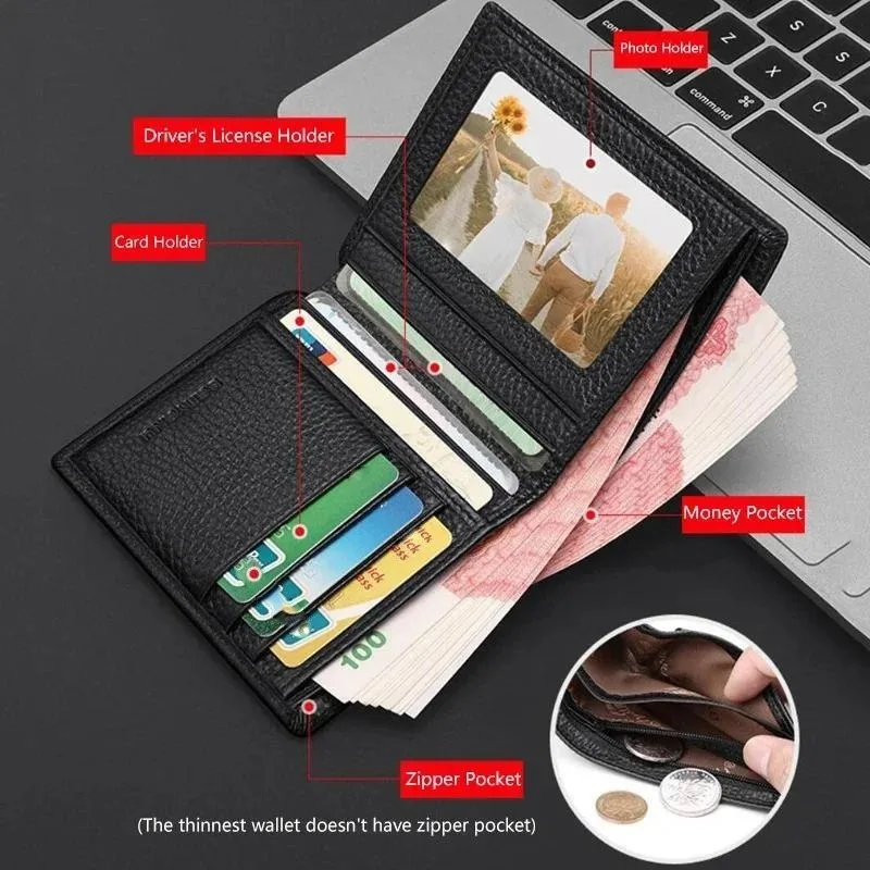Vertical Short Wallets for Men Genuine Leather Rfid Blocking Wallet Men Coin Pocket Slim Card Holder Minimalist Small Purse