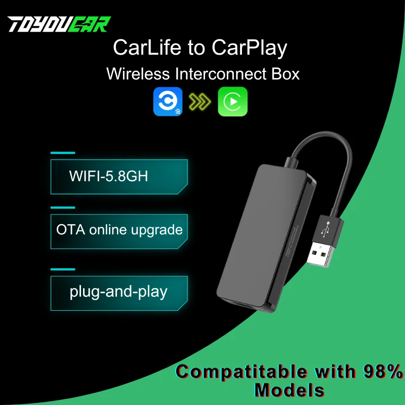 

TOYOUCAR Wired Baidu Carlife to Wireless Carplay Adapter Plug And Play WiFi Fast Connect IPhone for Kia Hyundai Geely GAC