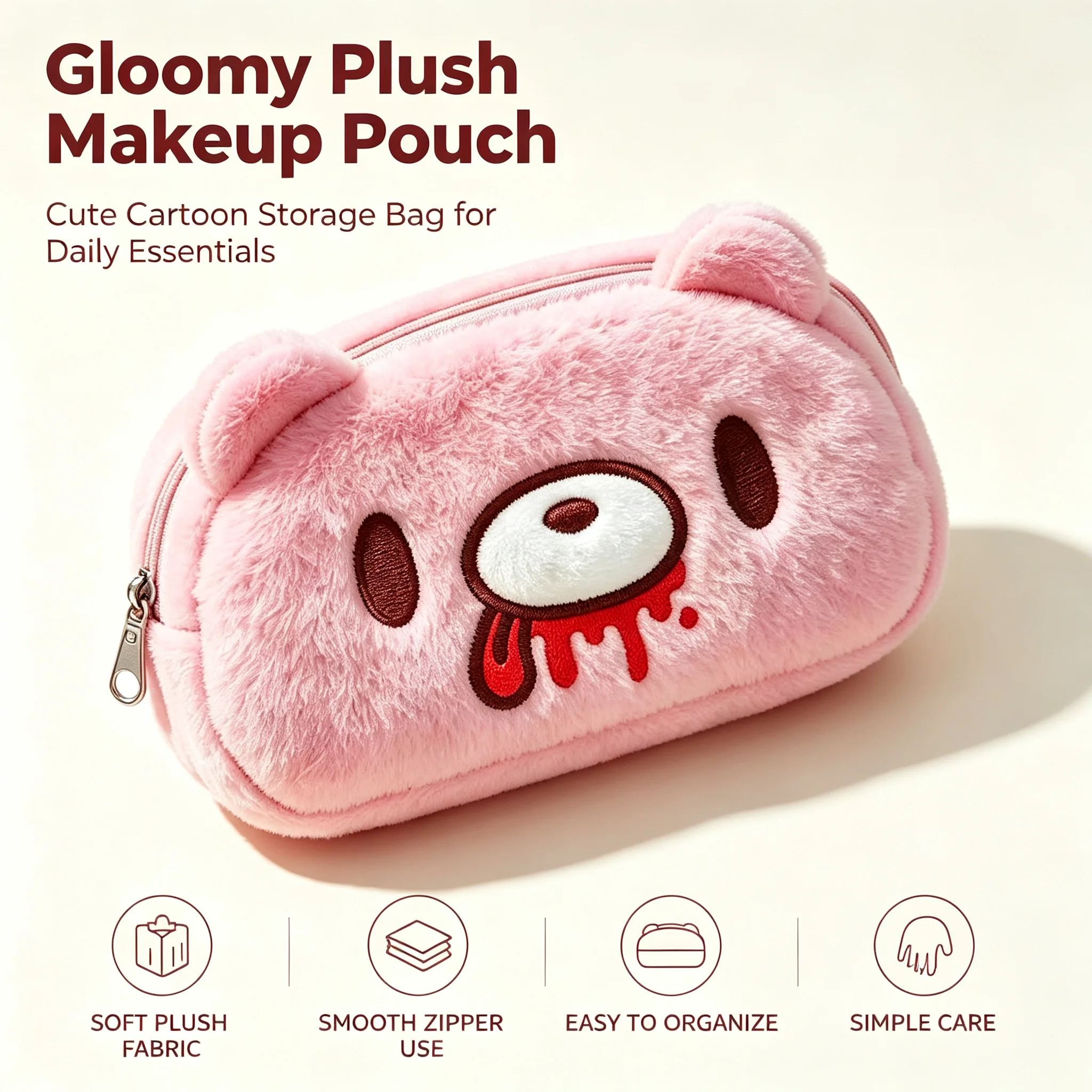 Bear Plush Makeup Bag Cute Cartoon Pink Fluffy Storage Pouch Portable Zipper Coin Purse Multifunctional Cosmetic Organizer