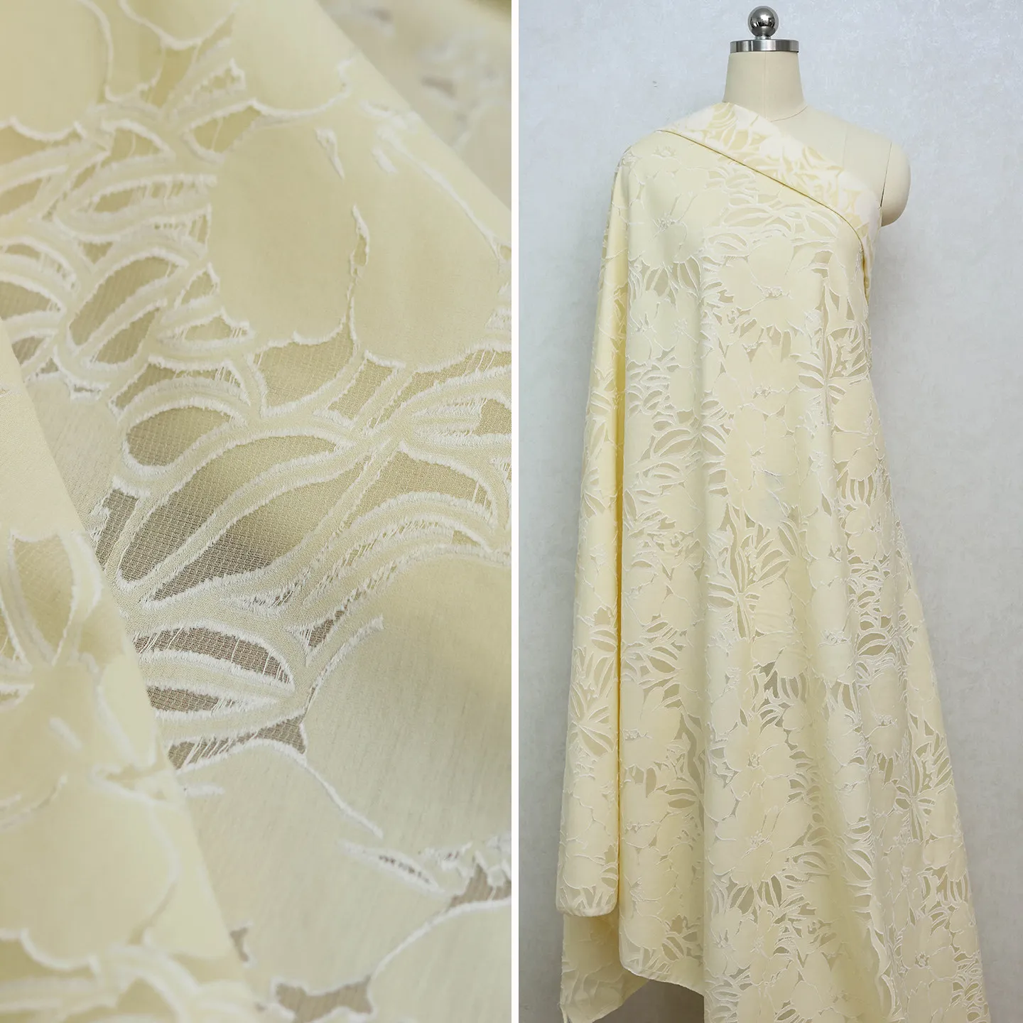 High Quality Rococo Overture Cream Yellow Silk Wool Cut Crepe Silk Designer Cloth