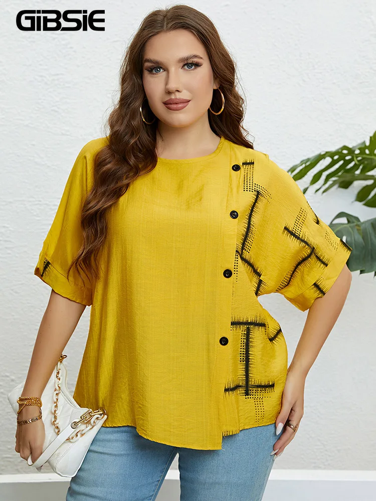 Gibsie Plus Size Casual Print Knoop Voorkant Vrouwen T-Shirt 2024 Nieuwe Zomer Koreaanse Mode Halve Mouw Dames O-hals T-Shirts Tops