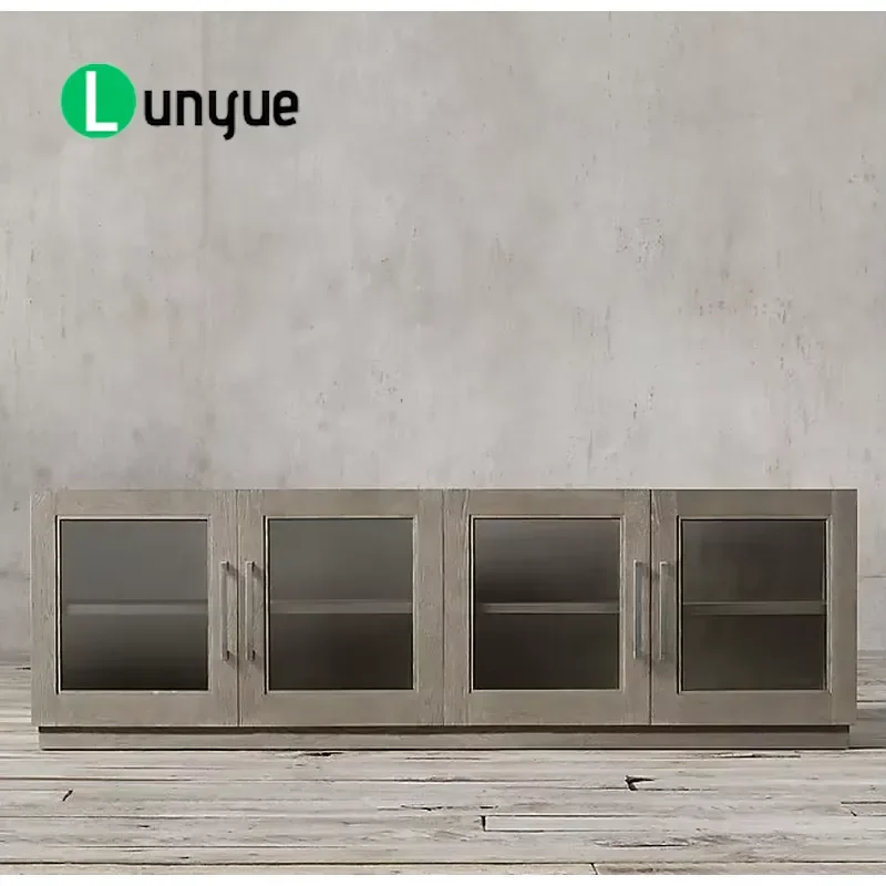 Custom Solid Wood TV Cabinet 4 Glass Doors American Retro Long Media Console Table for Living Room Furniture Storage Display