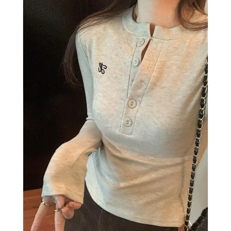 DXH-401-405 Realistic Embroidered Cropped Casual Versatile Niche Long Sleeve T-shirt Semi-open Collar Sanding Button