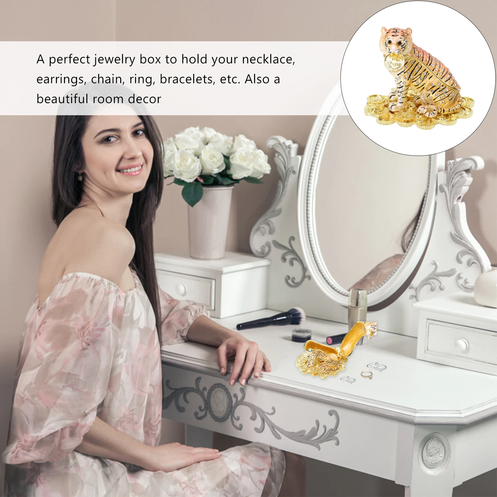 

Feng Shui Lucky Tiger Jewelry Box Earring Necklace ganizer Case Durable Alloy Gift Women Valentine Christmas Birthday Party Room