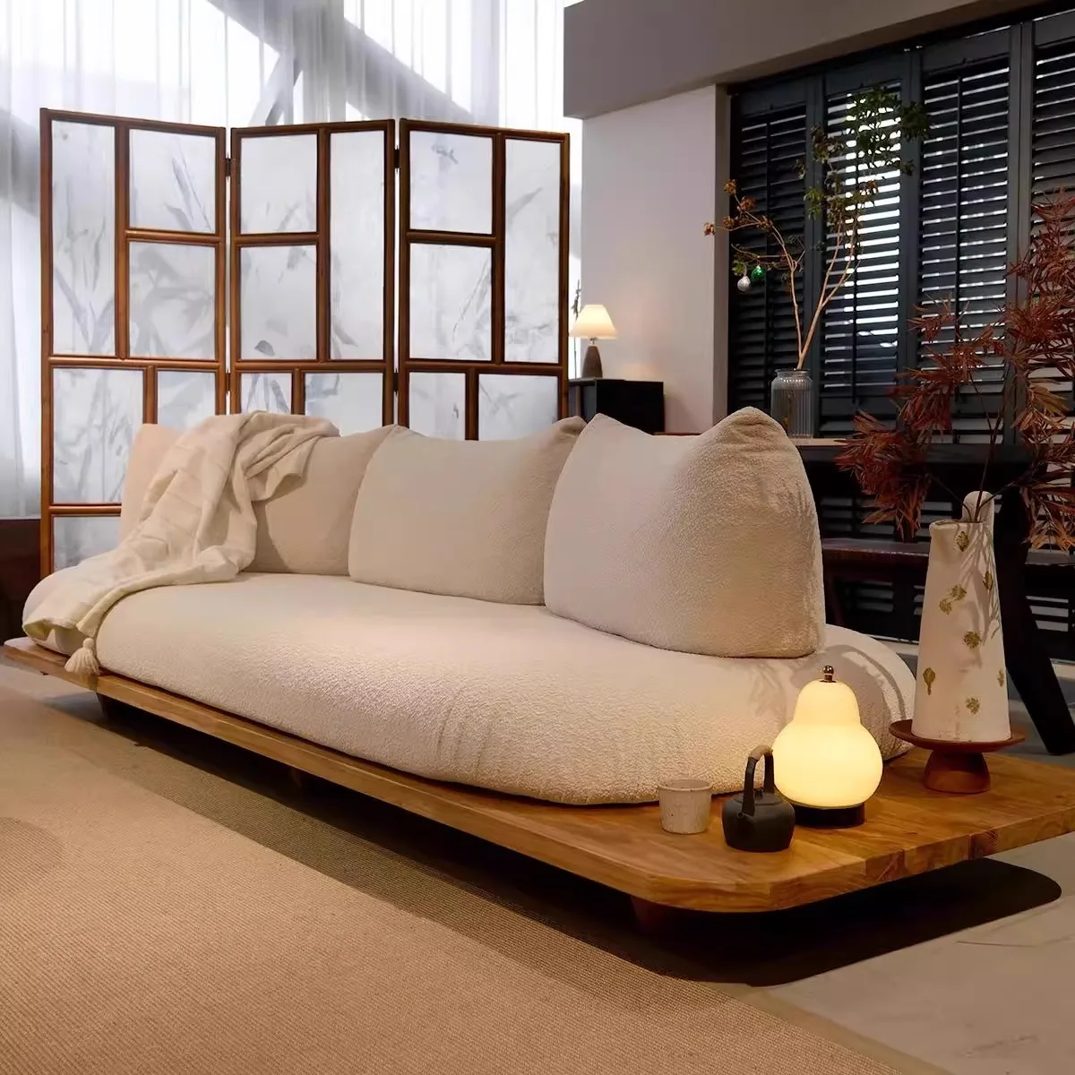

Small apartment bed and breakfast sofa medium and ancient style granular velvet high rebound Japanese tatami wabi sabi log wind