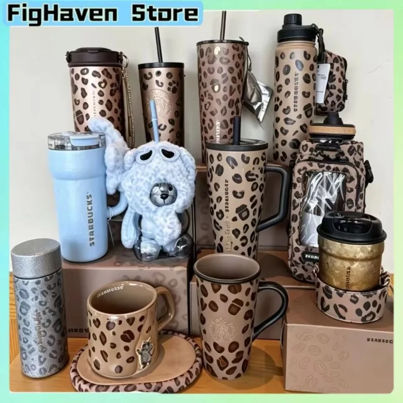 Leopard Print Stainless Steel Water Bottle Series Insulated Tumbler Cup With Straw Coffee Mug Travel Thermal Cup Birthday Gift