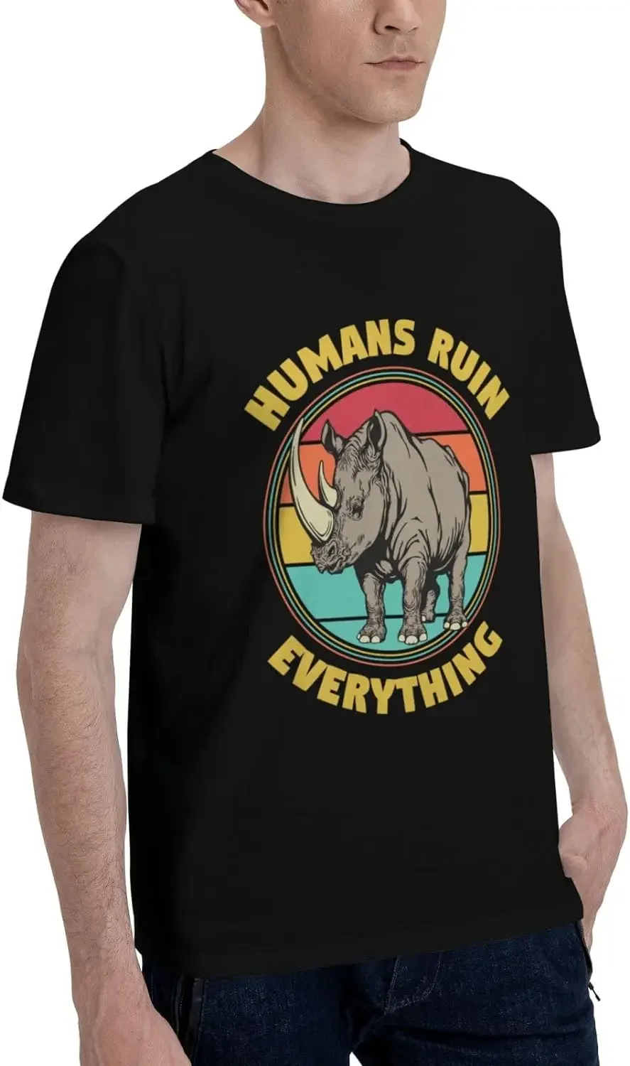 Adult Unisex Short Sleeve T-Shirt Classic Fit Crew Neck Soft and Comfy Rhino Wild Animal Rights Humans Ruin Everything