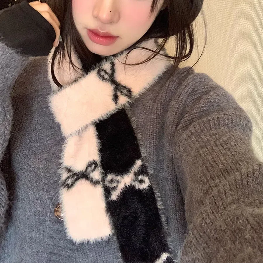 Y2k Bow Knot Scarf  Women's  Slim Long Scarf Furry Japanese Kawaii Fashions Knitted Two-sided Warmth Neckerchief  Harajuku