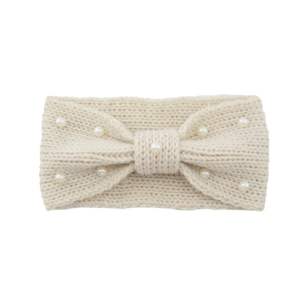 

1pc Pearl Hair Band Knit Winter Headband Crochet Warm Headwraps Beige Bowknot Design For Women Outdoor Riding Camping Climbing
