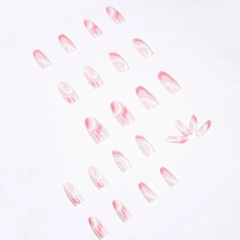 Unhas postiças wearable com linhas removíveis, Unhas simples rosa e brancas, Manicure série pop, Melhore a beleza, Caixa 24pcs