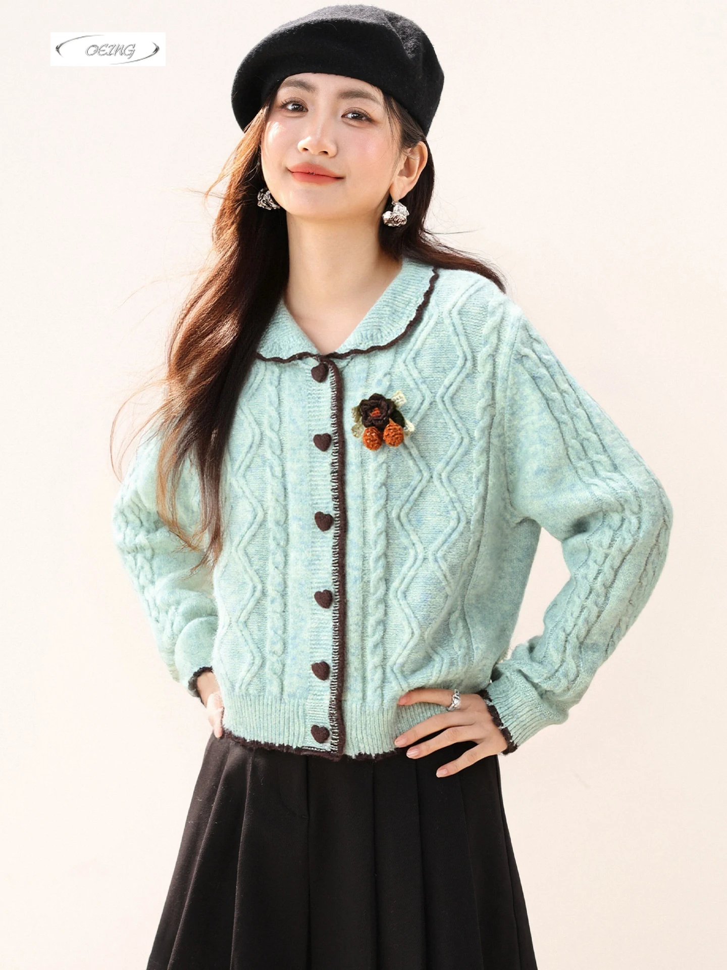 

Korean Style Single Breasted Sweet Green Knitted Cardigan Sweater for Women Autumn Winter Elegant Loose Short Tops Knitwear 9703