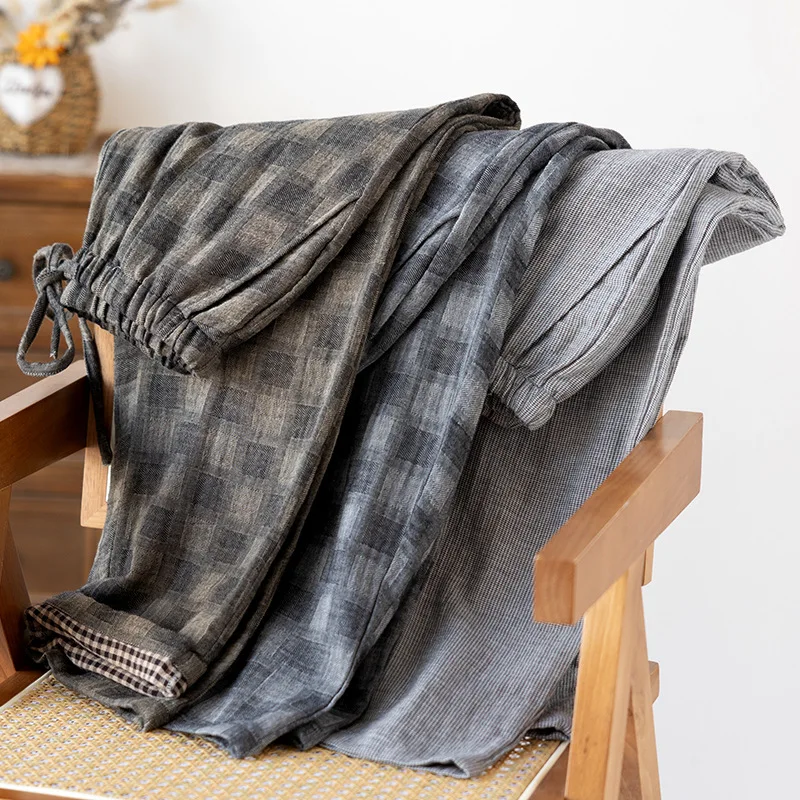 

Весна и осень 2024, новые брюки для сна для пар, мужские и женские большие брюки из 100% хлопка, повседневные домашние брюки в клетку