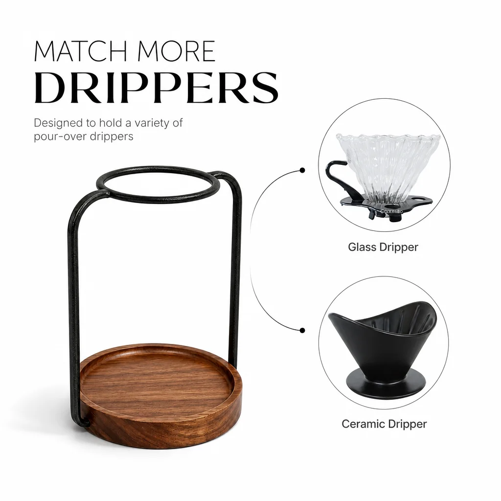 Pour Over Coffee Drip Stand Wooden Base Metal Frame Coffee Dripper Holder Hand Brew Filter Rack Home Cafe Coffee Accessories