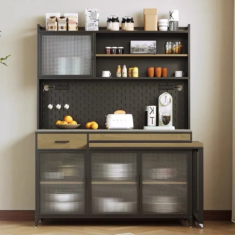 Push-pull rotating self-service storage against the wall, wrought iron solid wood living room, coffee and tea cabinet