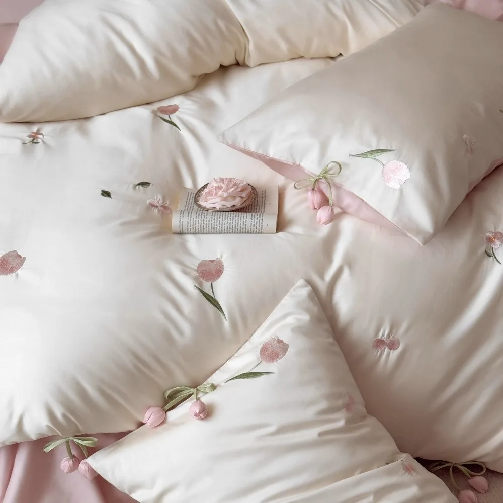 100S Long-staple Cotton Pastoral Embroidery Four-piece Set Embroidered Tulip Bedding Set Premium Skin-friendly Bed Sheets