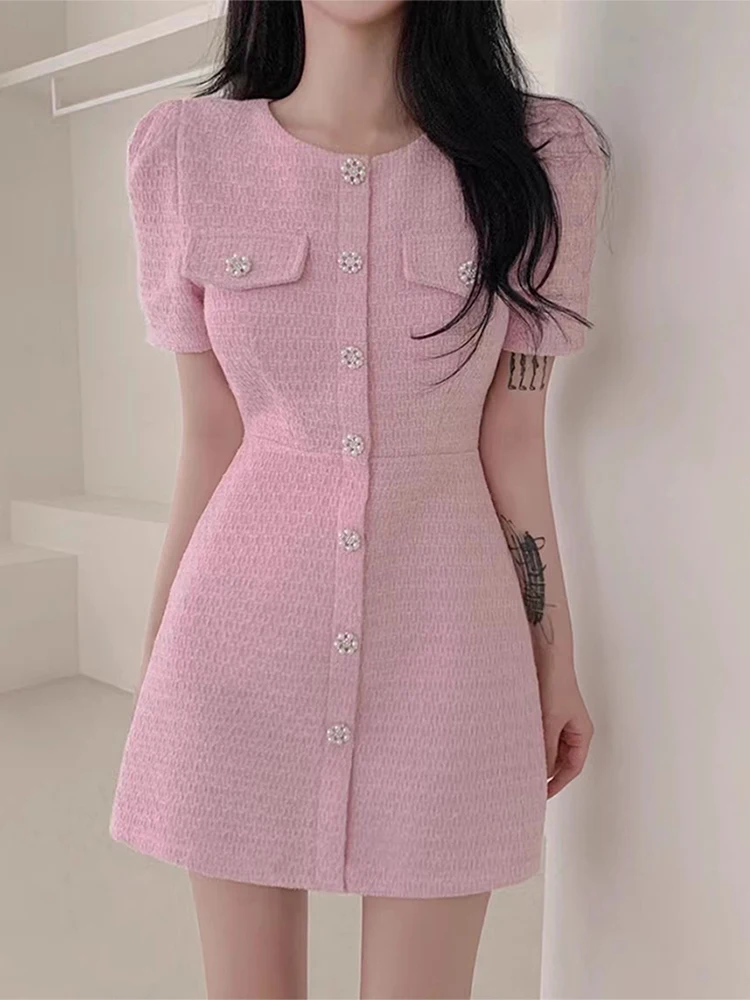 South korea Chic Summer Sweet Graceful round Neck Chic Single Breasted Slim fit Slimming Puff sleeve Dress Short dress