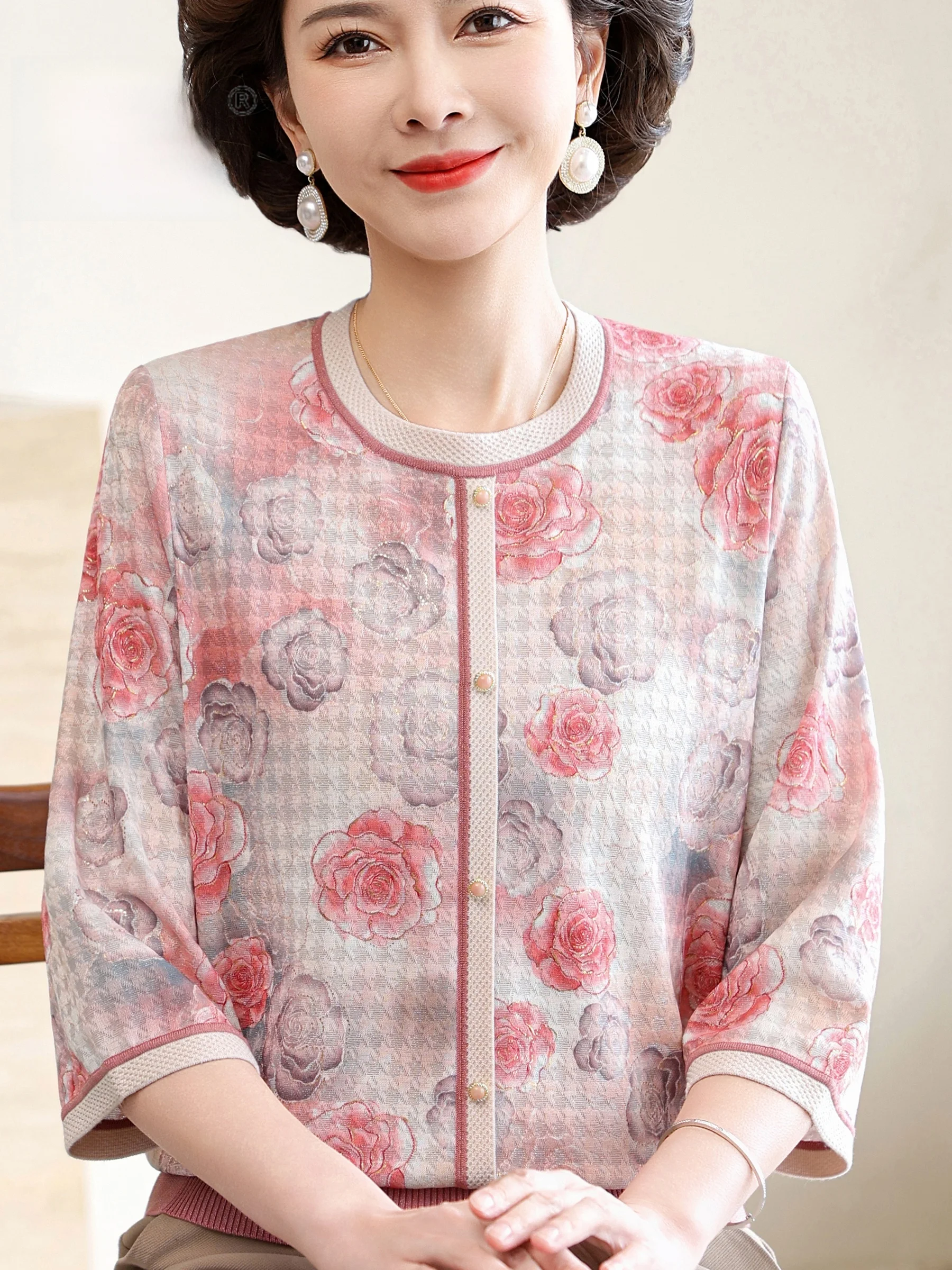 

Summer Fashionable Mommy Style round Neck Printed Open Cardigan Thin Seven Sleeve Tops for Middle-Aged And Elderly Women