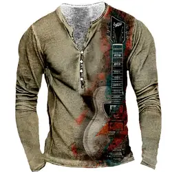 2024 Vintage T-Shirts Men's Shirt Guitar Graphic Print Long Sleeved Tops 5xl Button V Neck Tees Fall Oversized T Shirt For Man