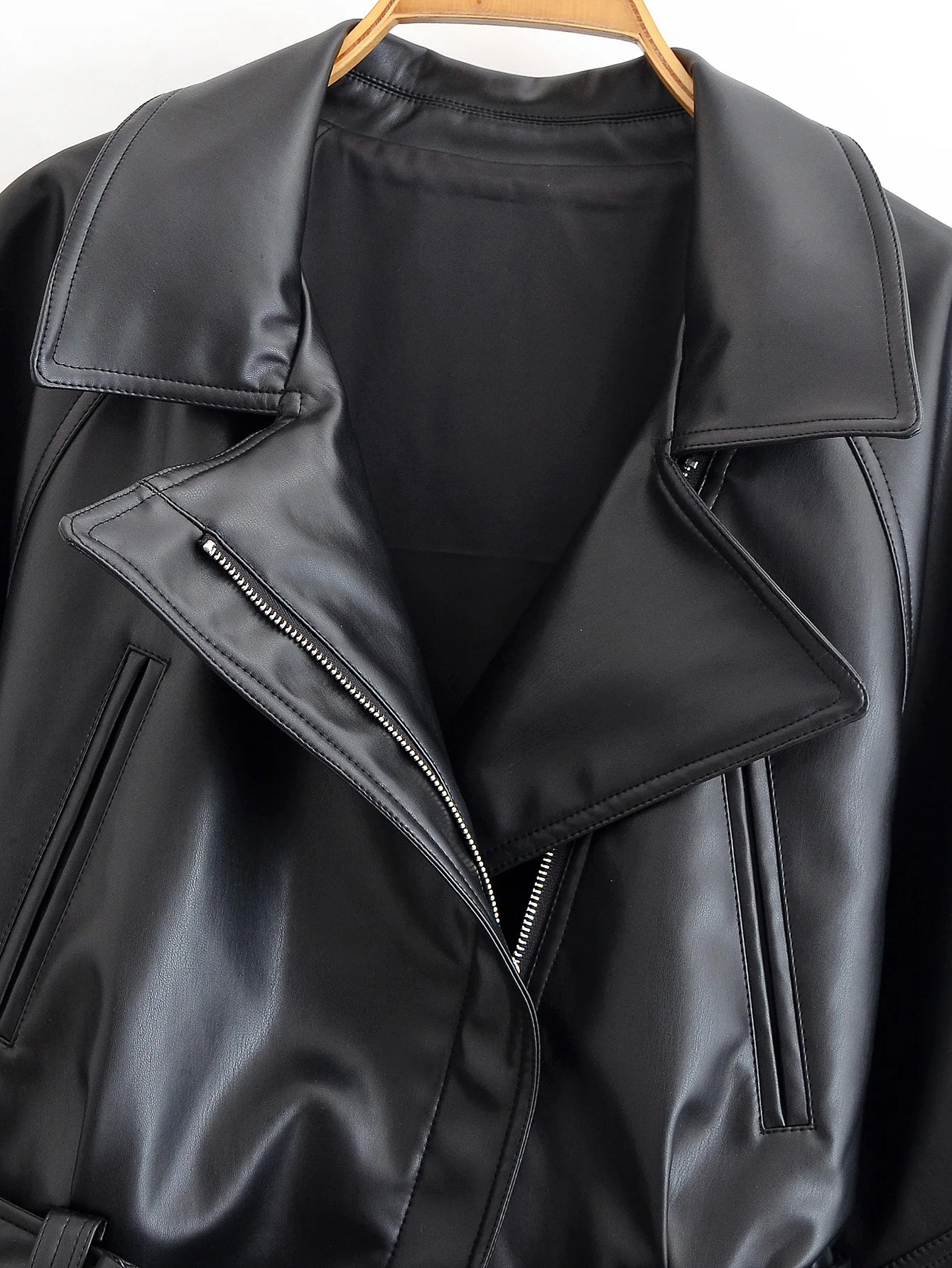 여성 패션 블랙 짧은 인조 가죽 트렌치 코트 긴 소매 라펠 재킷 벨트 포함 빈티지 여성용 오토바이 재킷 아우터