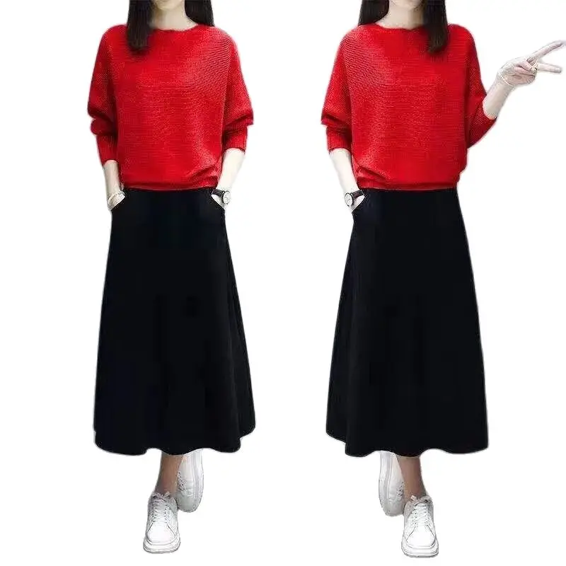 2022 Spring New Knitted Sweater Casual Suit Female Temperament Loose Large Sze Women Sets Long Sleeve Sweater+Knited Skirt 2PCS