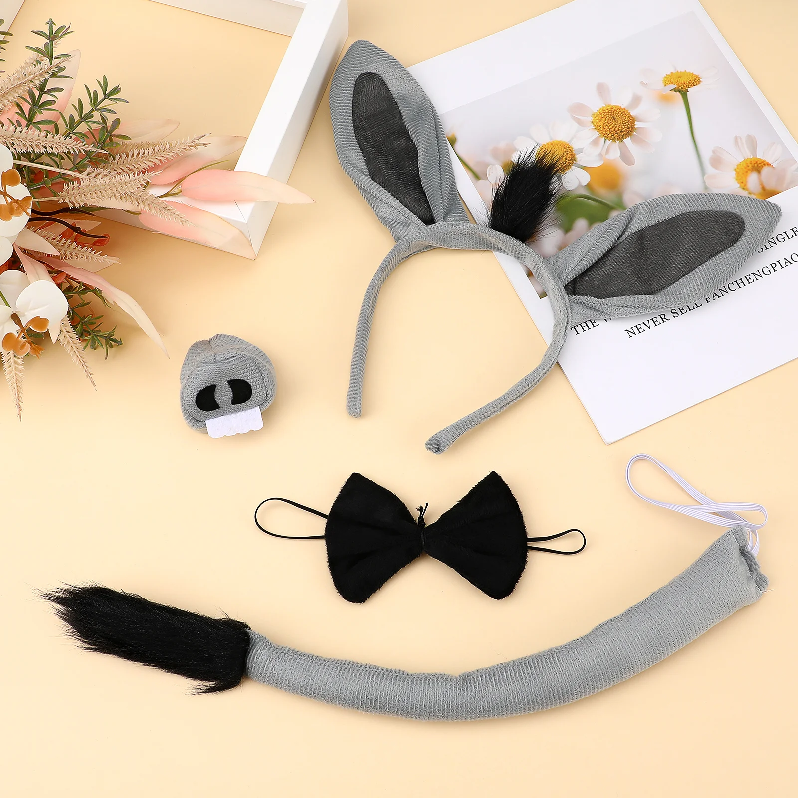 1 Zestaw Kostium Osła Rekwizyty Cosplay Impreza Halloween Wielkanoc Przedstawienie Szkolne Materiałowy Kompletny Zestaw Akcesoriów Opaska na Głowę z Uszami