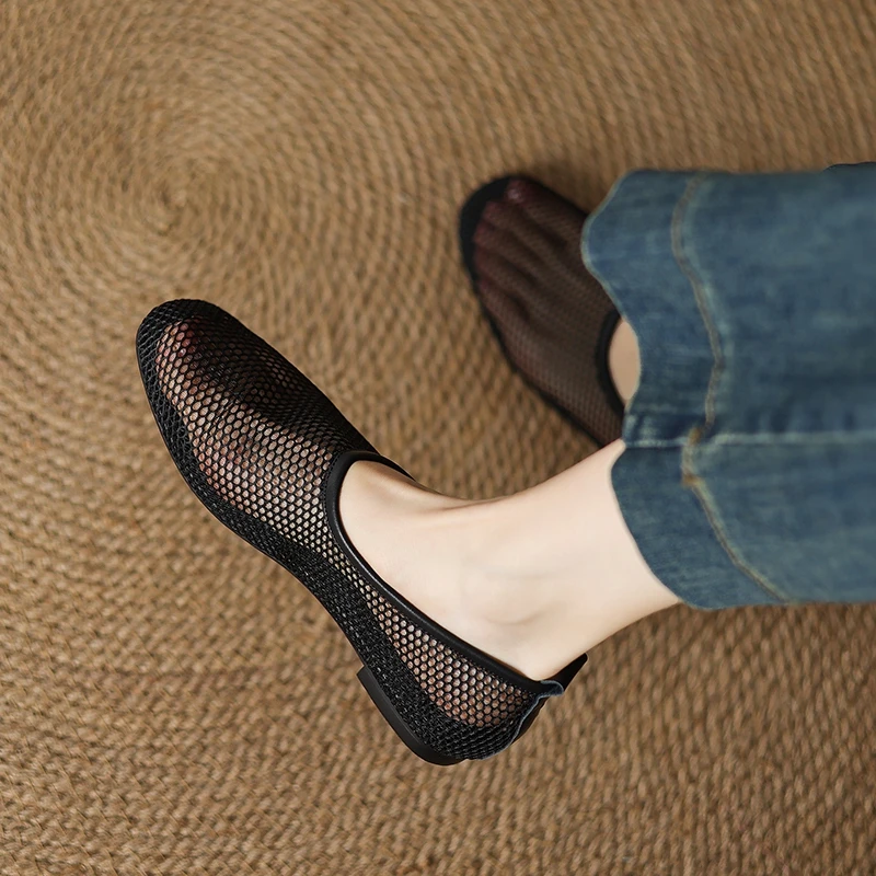 Women's new genuine leather cowhide spring and summer breathable net, low heel round toe oversized customized casual single shoe