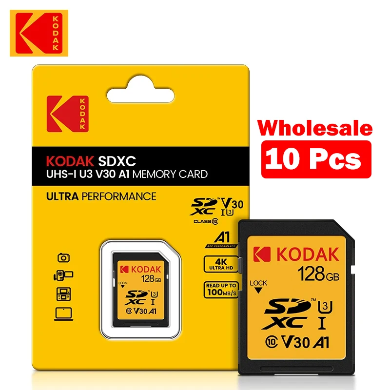 

10 Pieces High Speed Kodak SD Card 256/128/64/32 gb For DSLR Camera UHS-I U3 V30 A1 Mermory Card Support Ultra HD 4K Video SDXC