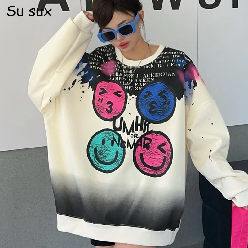 

Fun Graffiti Long Sleeved Hoodie Sweatershirt Oversized Tops Women 2024 Autumn Y2k Clothes Smiling Face Gradient Cotton Top