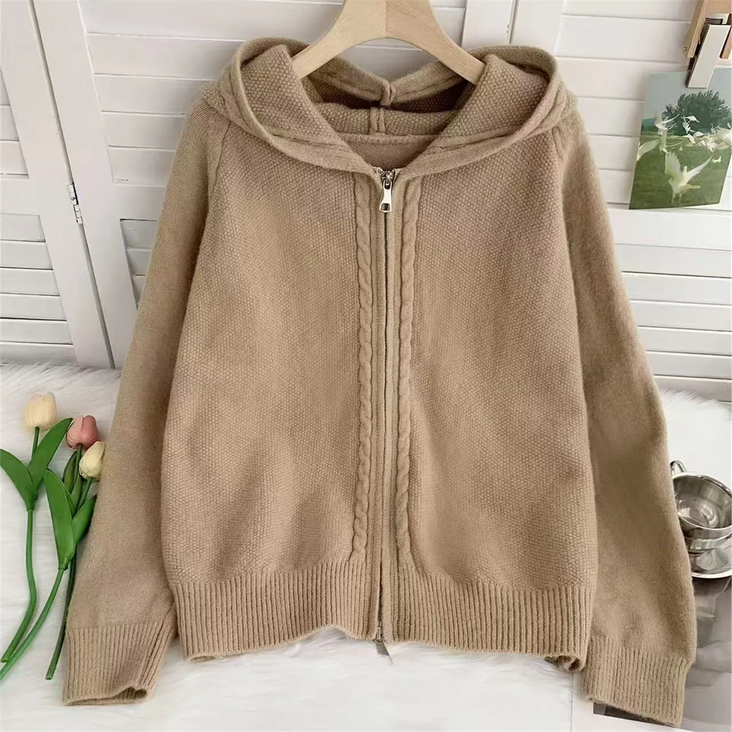 

Korean Loose Double Zippers Hooded Cardigan Women's New Versatile Retro Solid Color Knitted Outerwear 2025 Female Casual Sweater