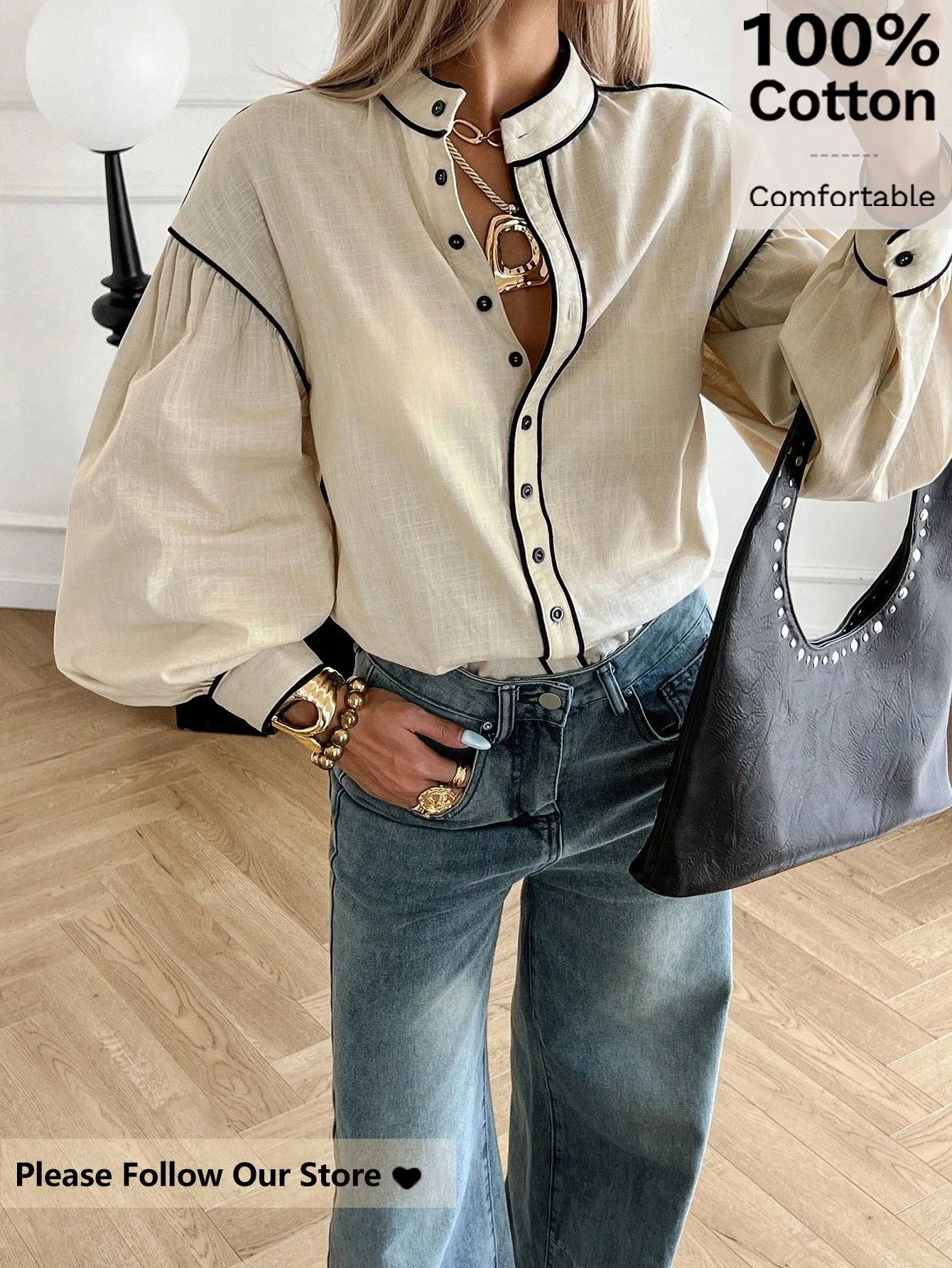 Women Autumn Elegant Black Beige Contrast Trim Cotton Long Sleeve Button Up Shirt Blouse Stand Collar Western Tops School Office