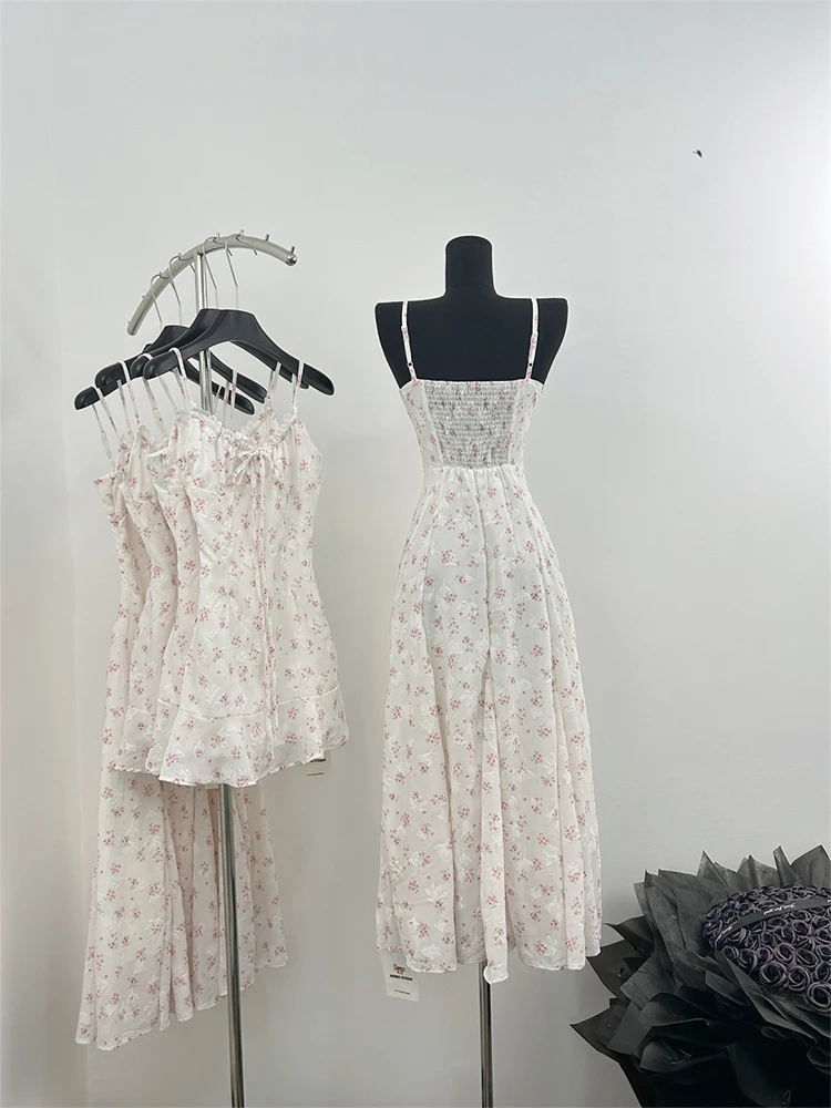 Minivestido francés Vintage con tirantes finos para mujer, maxivestido Floral de una pieza para fiesta de graduación y noche, 2000