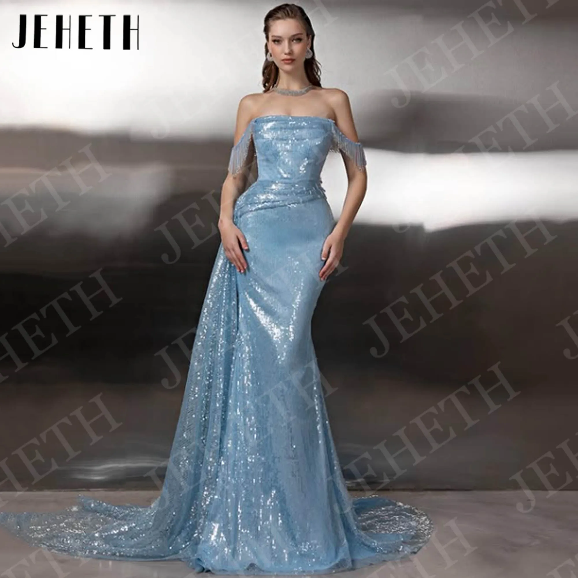 

JEHETH Glitter Evening Dresses Gorgeous Prom Dress Sequin Mermaid Beaded Tassel Off Shoulder Party Dress Customized فساتين سهرة