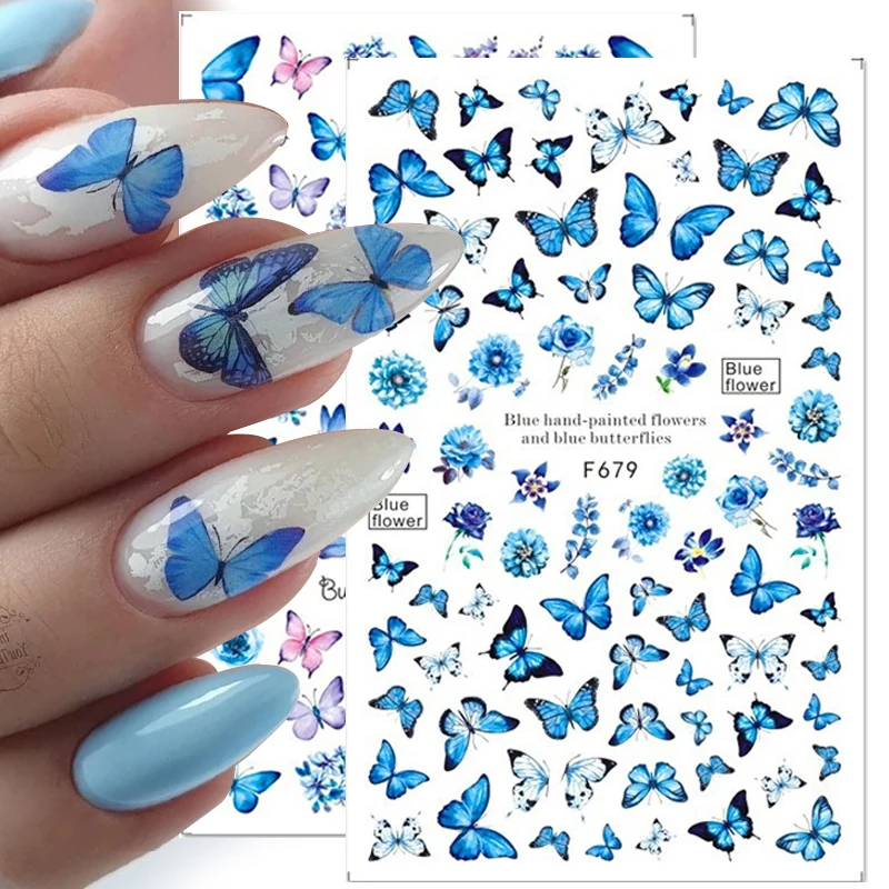 1 Sheet Blue Butterfly 3D Nail Stickers Flowers Leaves Self Adhesive Transfer Sliders Wraps Manicures Foils DIY Decorations HOT